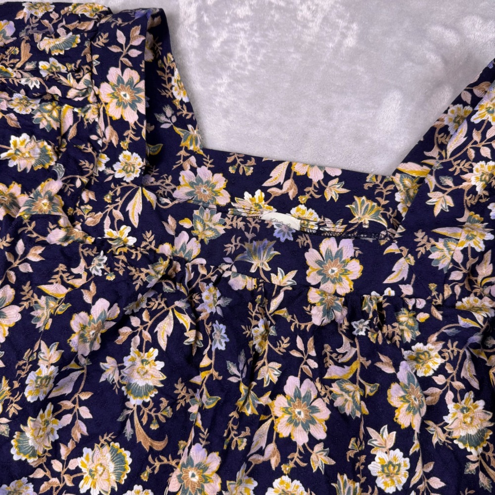 Roan +‎ Ryan Navy Floral Square Neck Puff Sleeve Boho Dobby Blouse Small